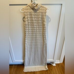 Vintage 60s Hand Knit Cream Maxi Dress with Shell Lace